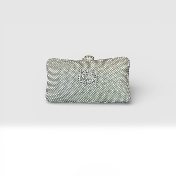 bebe Handbags - NWT - Bebe Dianna Hard Shell Diamond Clutch Silver/White Evening Bag with Chain